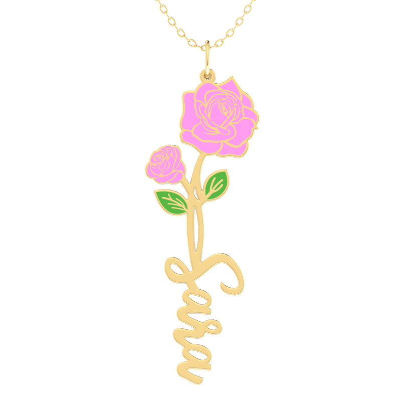 Birth Flower Name Enamel Silver Necklace