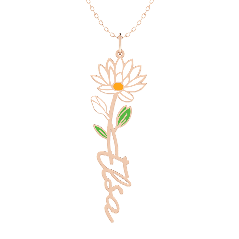 Birth Flower Name Enamel Gold 18K Necklace