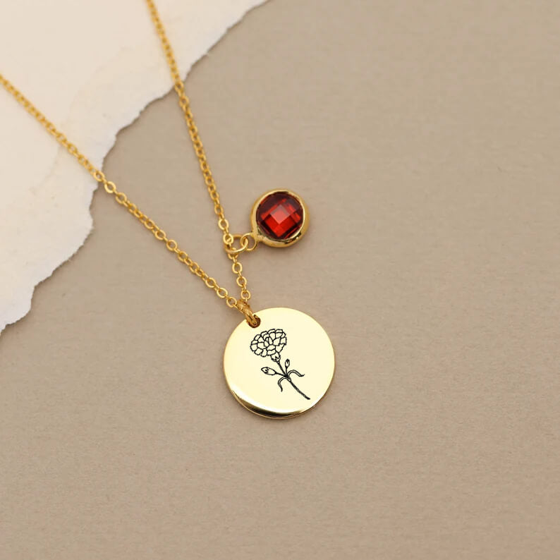 Birth Flower Round Pendant Necklace