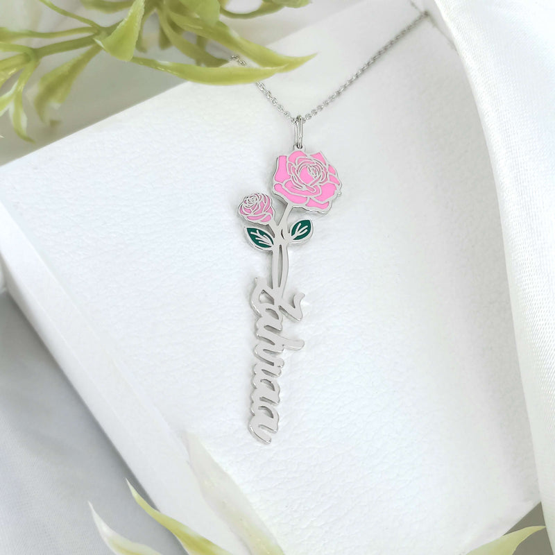 Birth Flower Name Enamel Silver Necklace