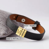 Dad's Initial & Kids Names Plates Leather Bracelet