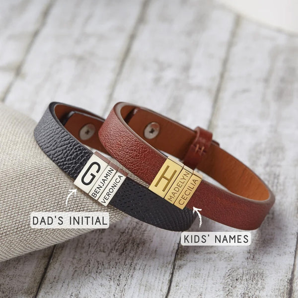 Dad's Initial & Kids Names Plates Leather Bracelet