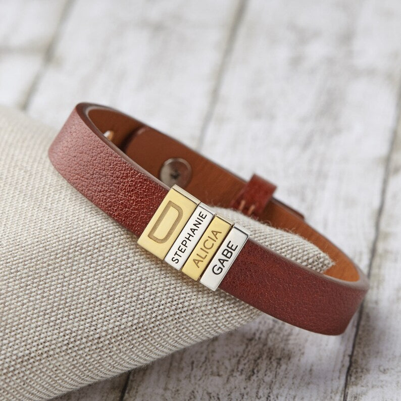 Dad's Initial & Kids Names Plates Leather Bracelet