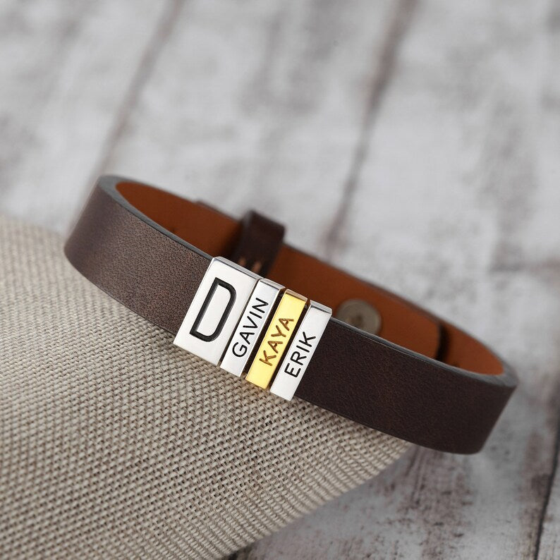 Dad's Initial & Kids Names Plates Leather Bracelet