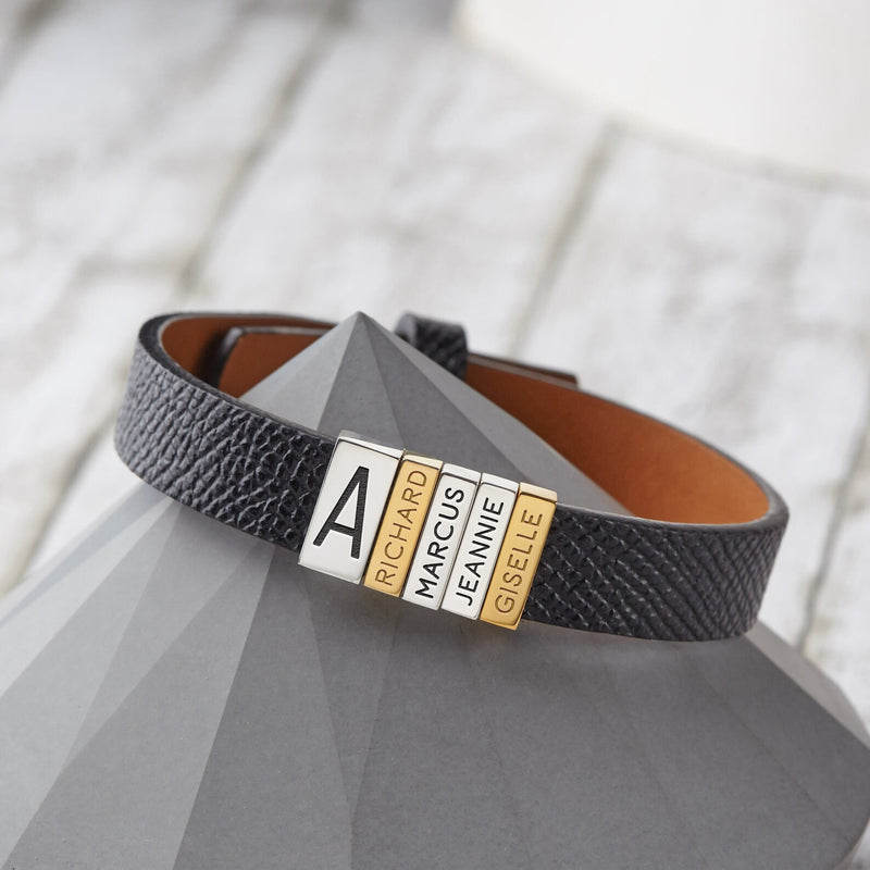 Dad's Initial & Kids Names Plates Leather Bracelet