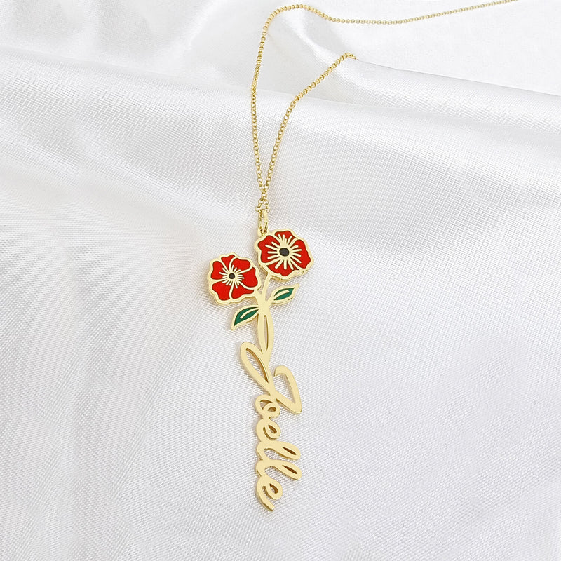 18K Gold Birth Flower Name Enamel Necklace Necklace - Pegor Jewelry